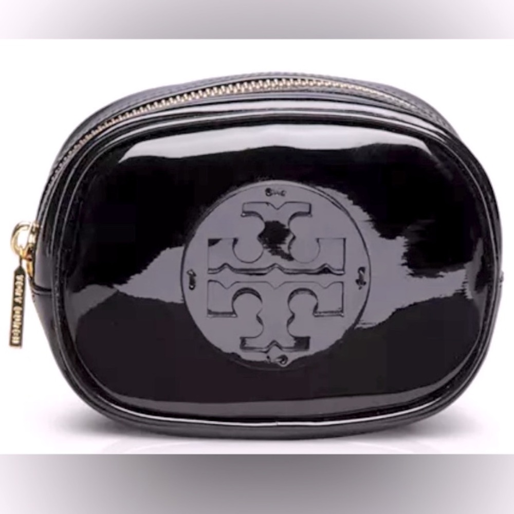 Tory Burch - Black Patent Vinyl - Cosmetic Case Makeup Bag - Logo Gold Zip